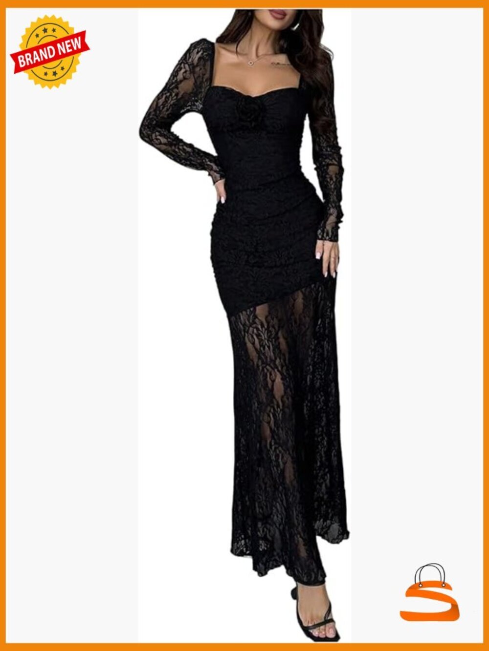 Lace Long Sleeve Bodycon Maxi Dress Ruched Sheer See Through Party